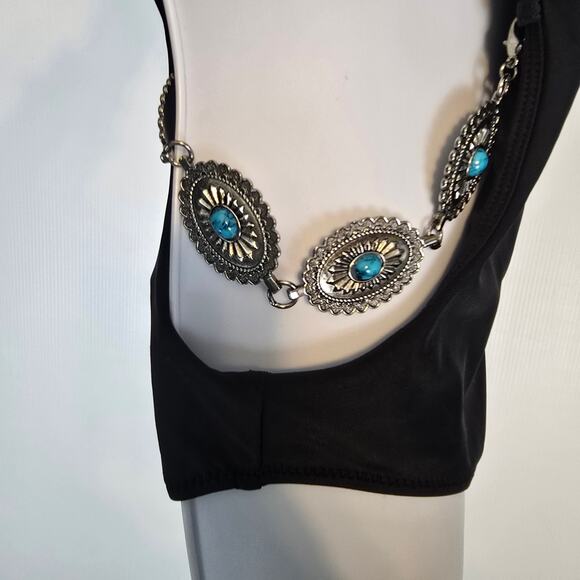 L'Agence Ava Chain Black Swimsuit One Shoulder Cut Out Concho Turquoise S NEW - Picture 9 of 12